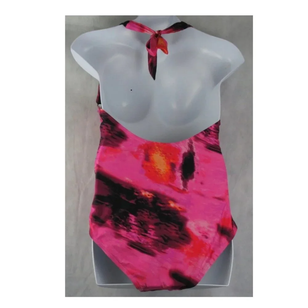 NWT DKNY Women's Plunge V-Neck Halter Style One-Piece Swimsuit, Pink Multi - Picture 5 of 6